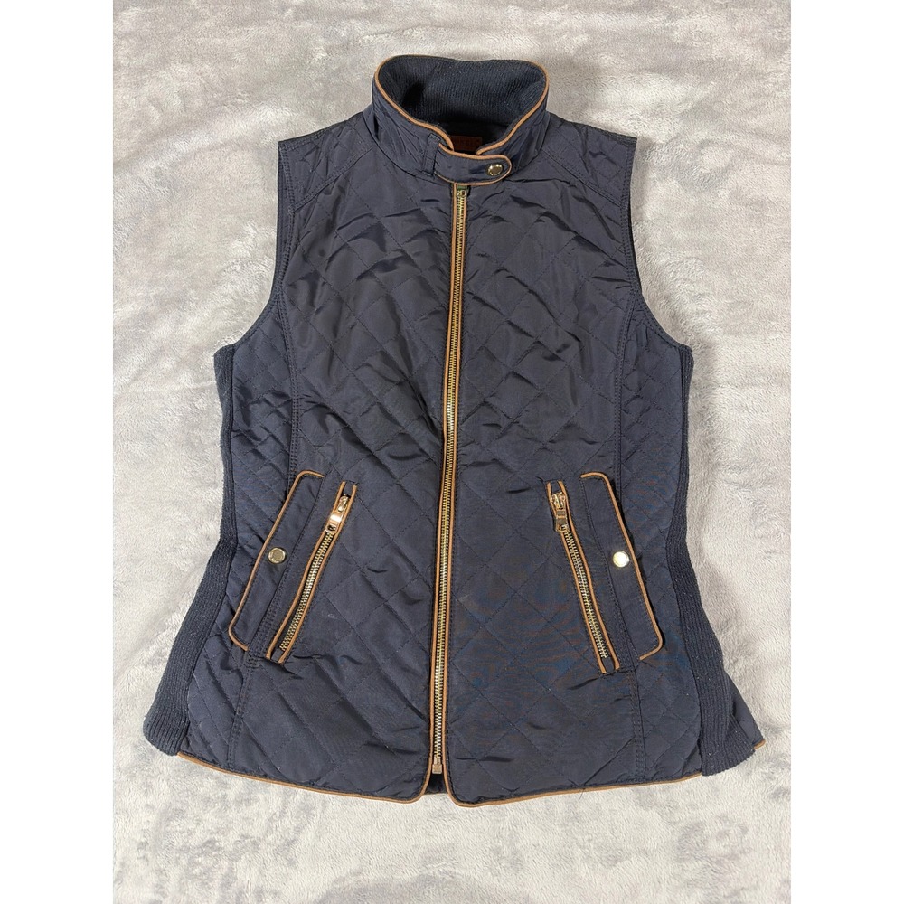 Zara Woman Navy Blue Quilted Vest Mock Neck Brown Trim Gold Zips Small